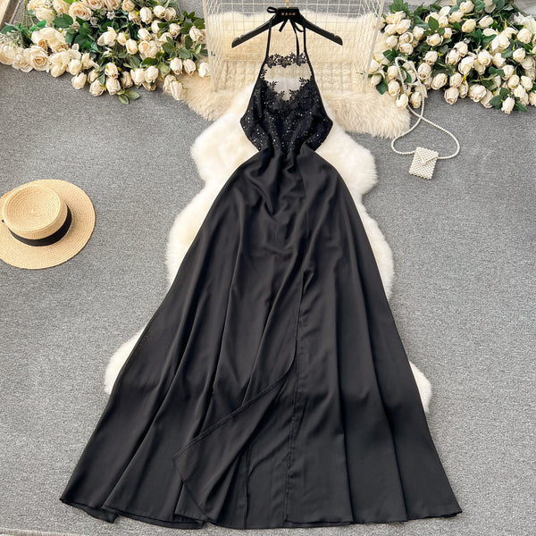 Embroidered Backless Split Halter Dress