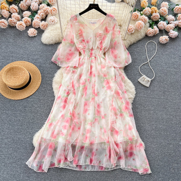 Sweet Ruffled Floral Chiffon Dress