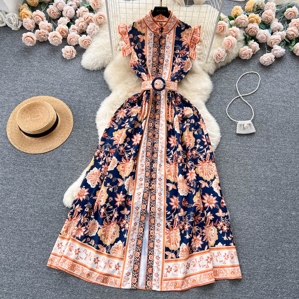 Ethnic Sleeveless Ruffled Floral Dress