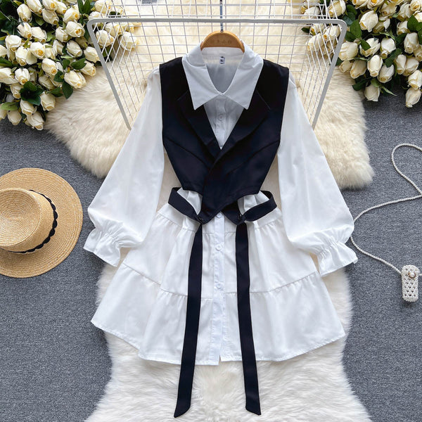 Korean Style White Dress&Waistcoat 2Pcs