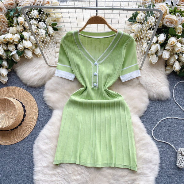 Candy Color V-neck Knitted Dress