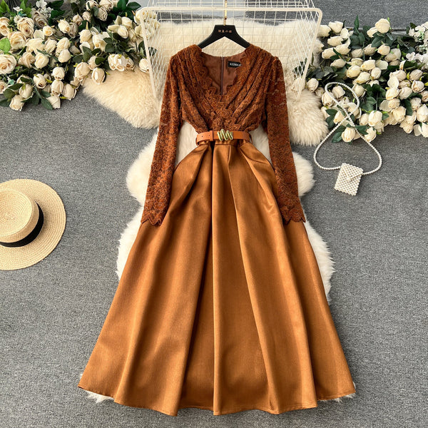 V-neck Lace Patchwork Pleated Dress