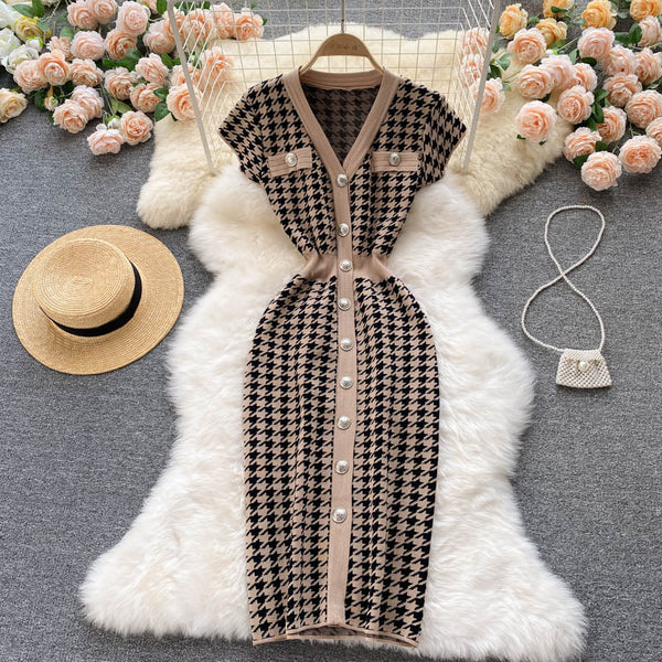 Single Breasted Houndstooth Knitted Dress