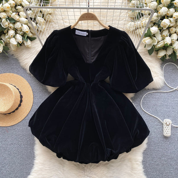 Vintage V-neck Puffy Suede Dress