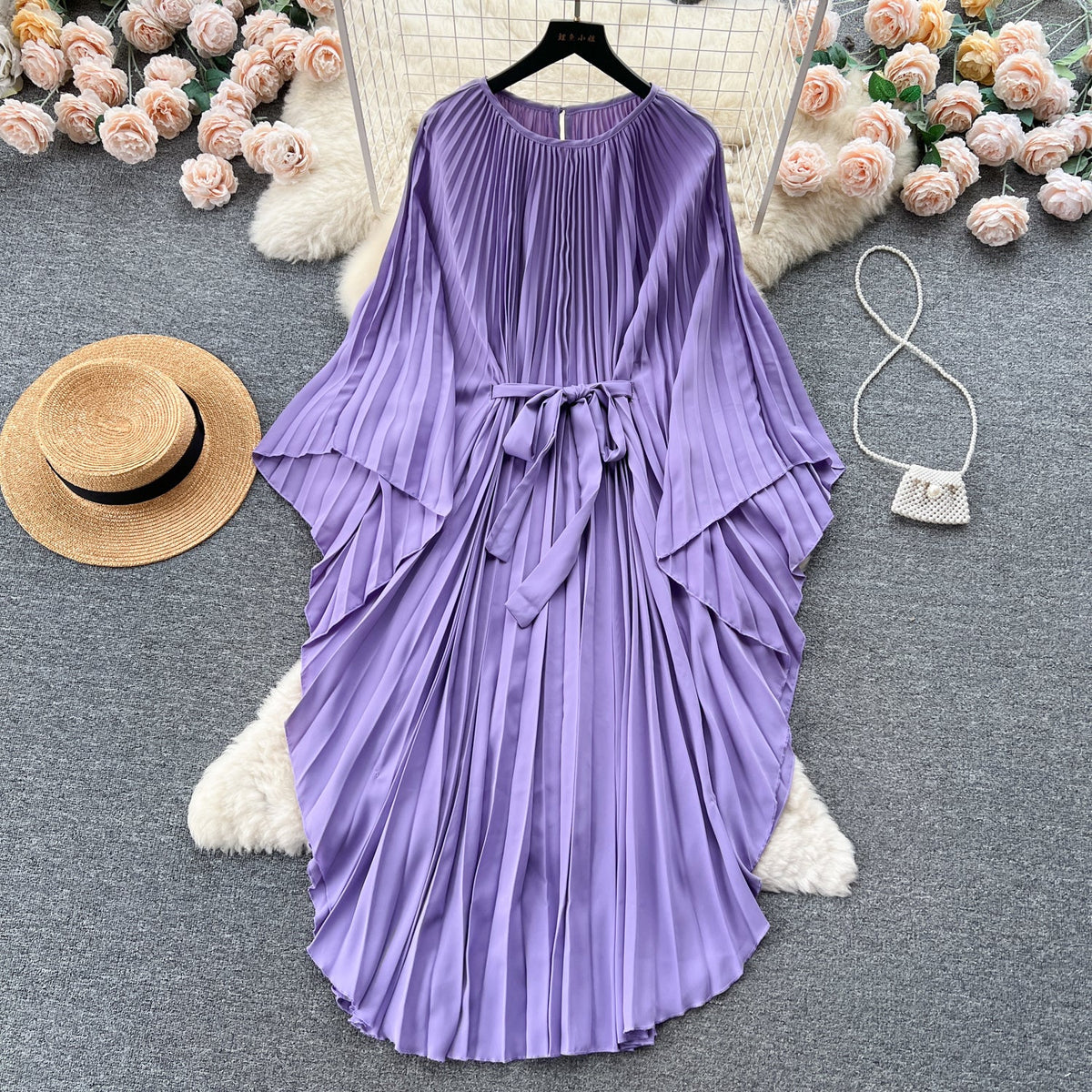 Solid Color Lace-up Pleated Dress