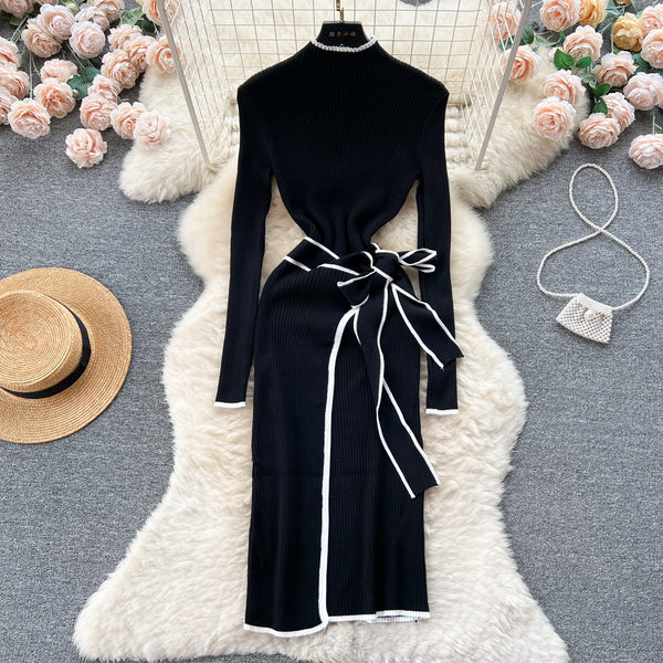 Elegant Lace-up Knitted Slim Dress