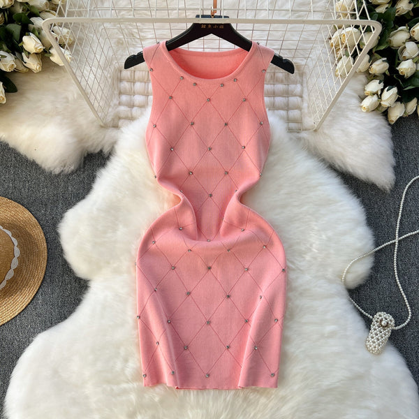 Lozenge Rhinestone Studded Knitted Dress