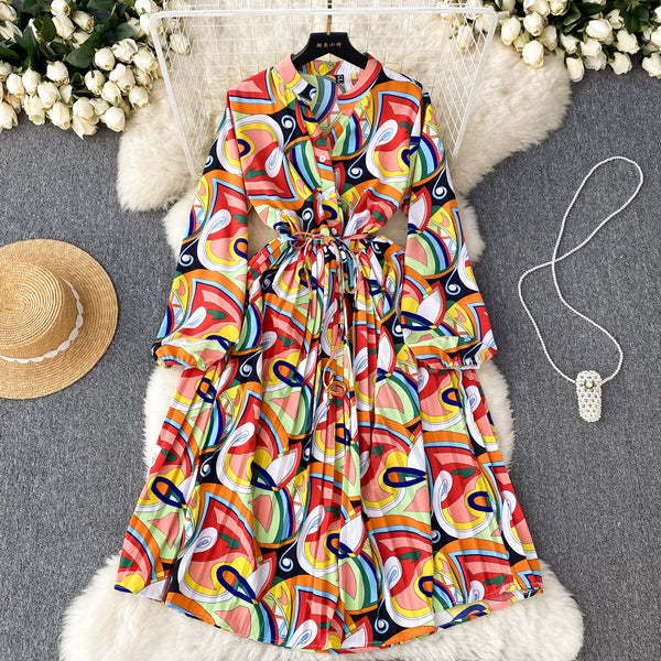 French Style Pleated Printed Dress