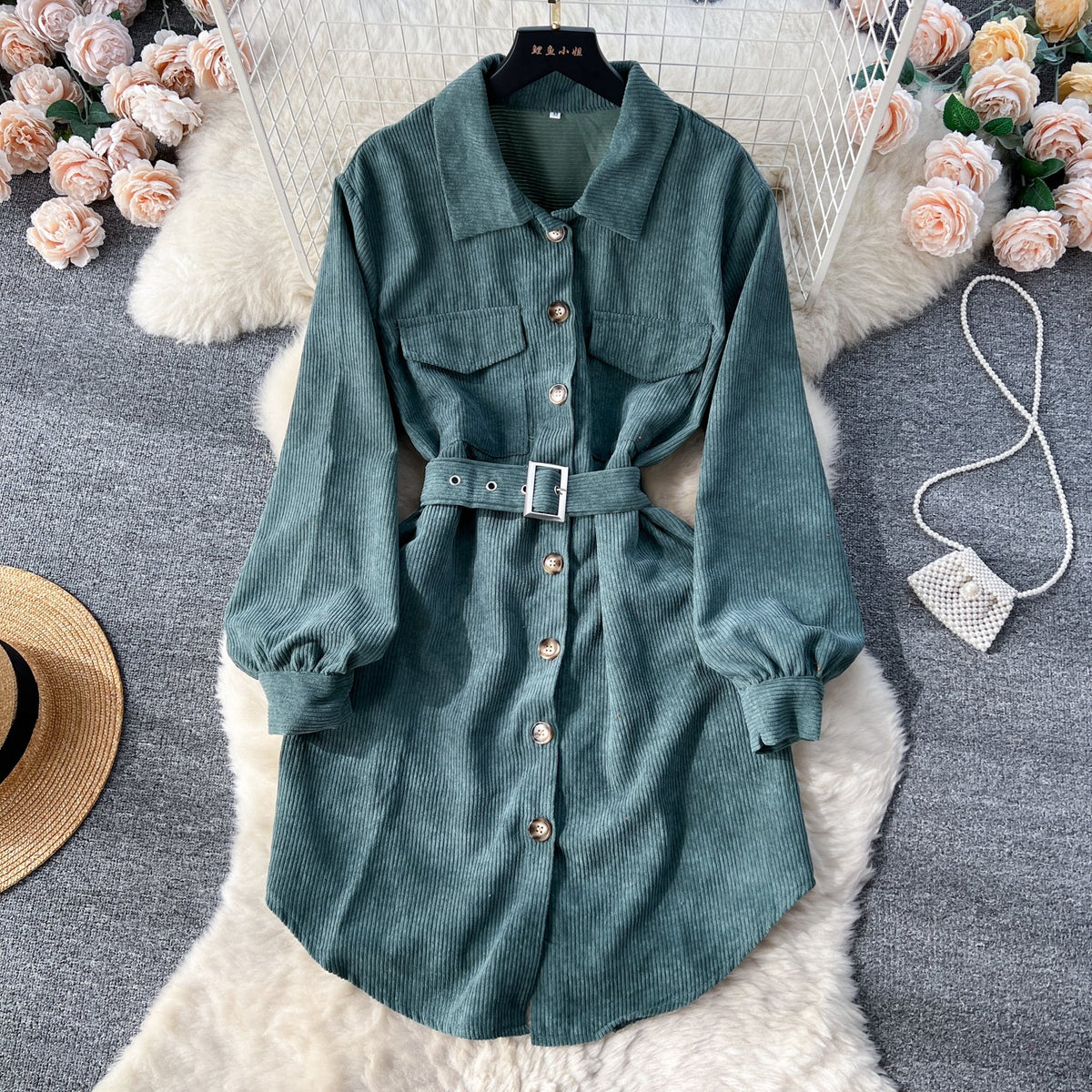 Lapel Single-breasted Corduroy Shirt Dress
