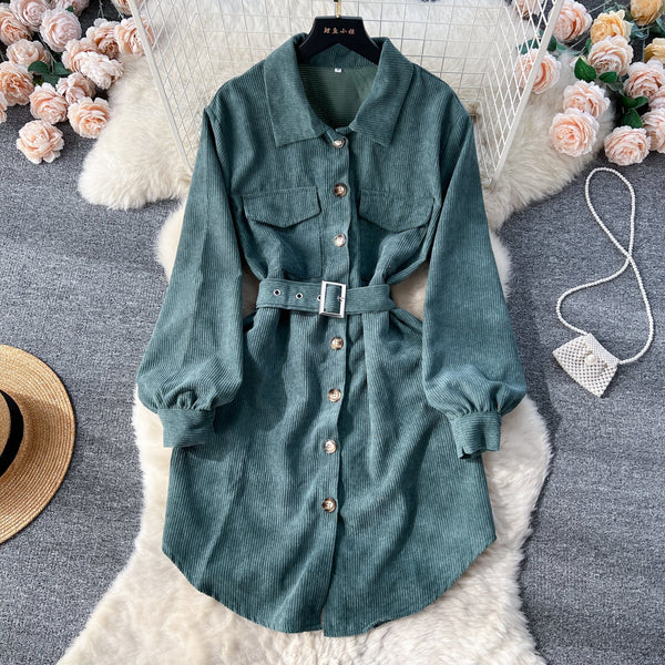 Lapel Single-breasted Corduroy Shirt Dress