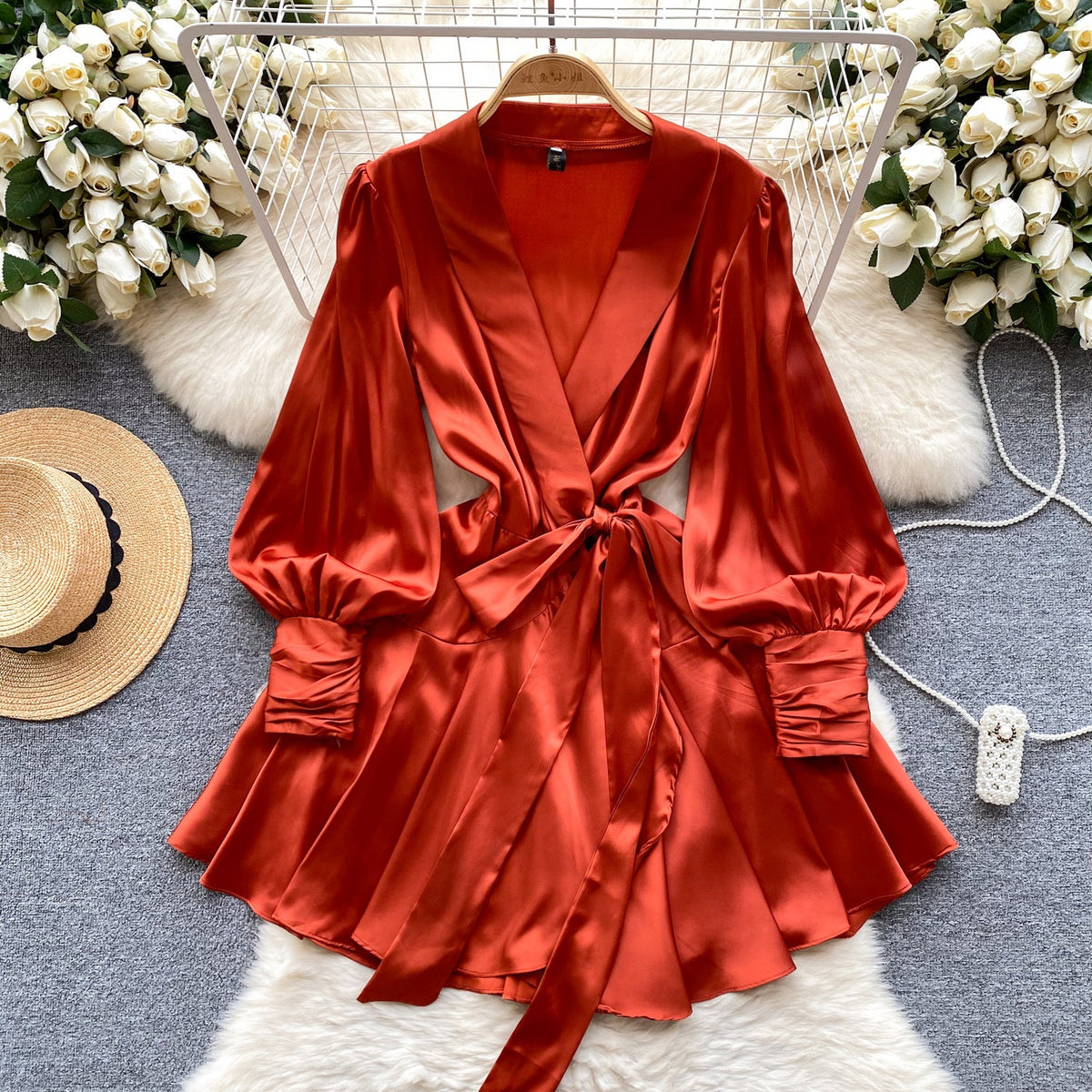 French Style V-neck Satin Wrap Dress