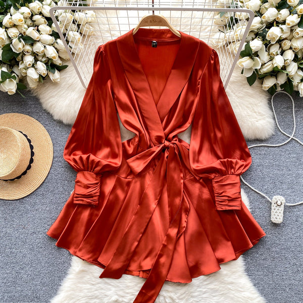 French Style V-neck Satin Wrap Dress