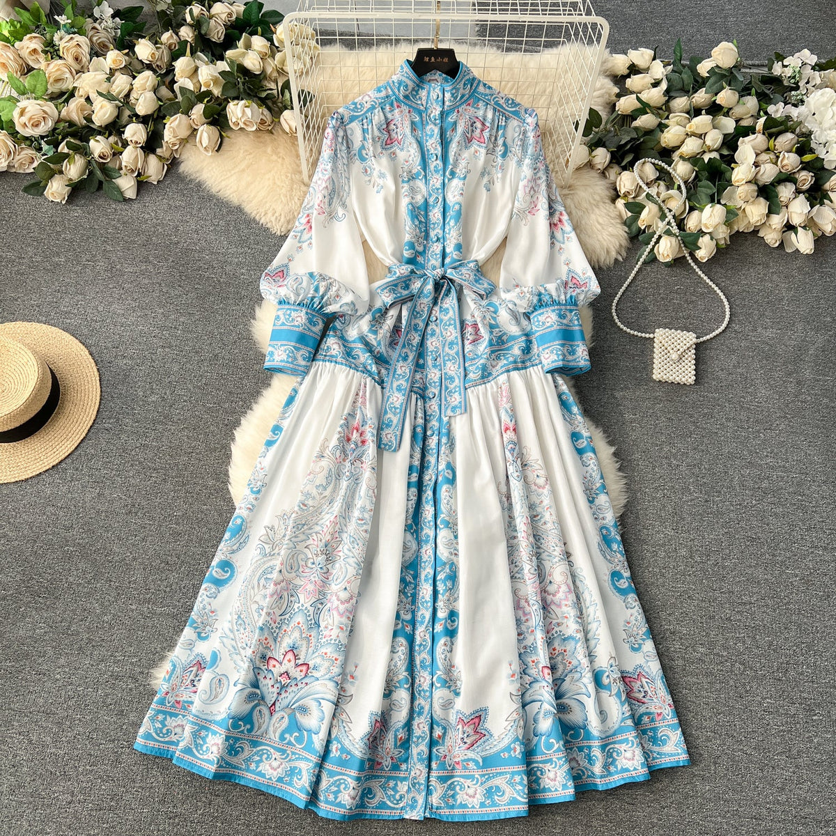 Courtly Puffy Sleeve Lace-up Floral Dress