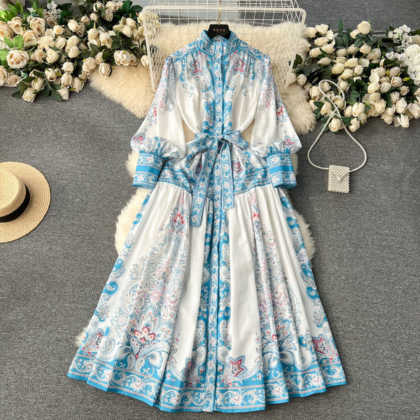 Courtly Puffy Sleeve Lace-up Floral Dress