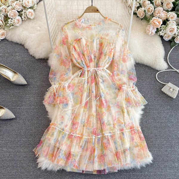 High-end Flared Sleeve Mesh Print Dress