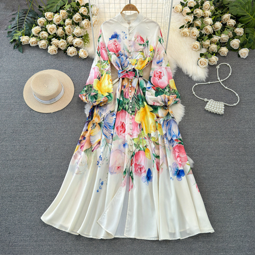 Courtly Single-breasted Floral Shirt Dress