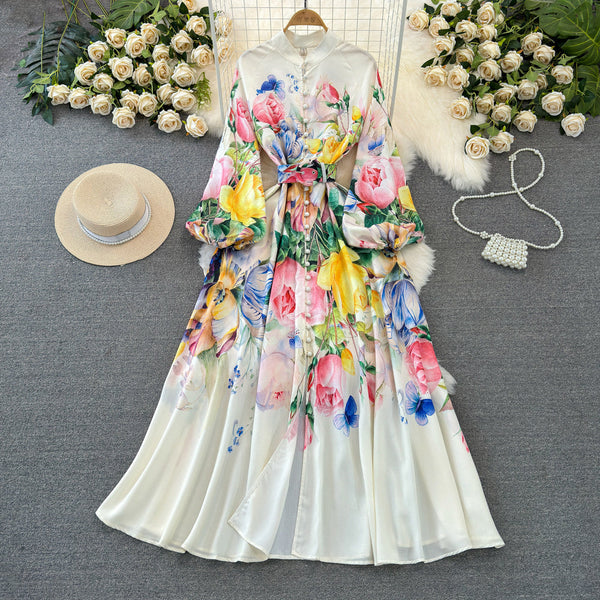 Courtly Single-breasted Floral Shirt Dress