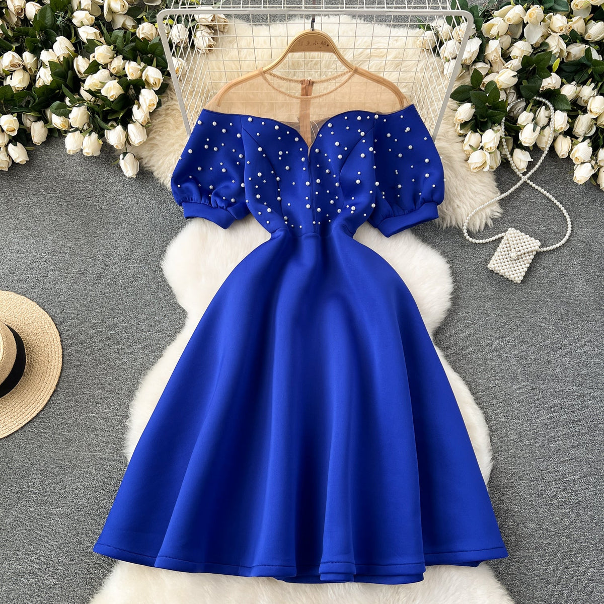 Mesh Neckline Beaded Pleated Dress