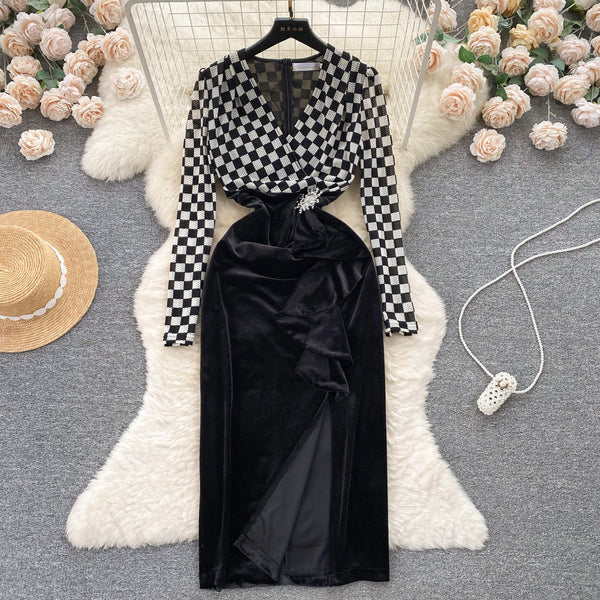 Mesh Patchwork Suede Split Black Dress