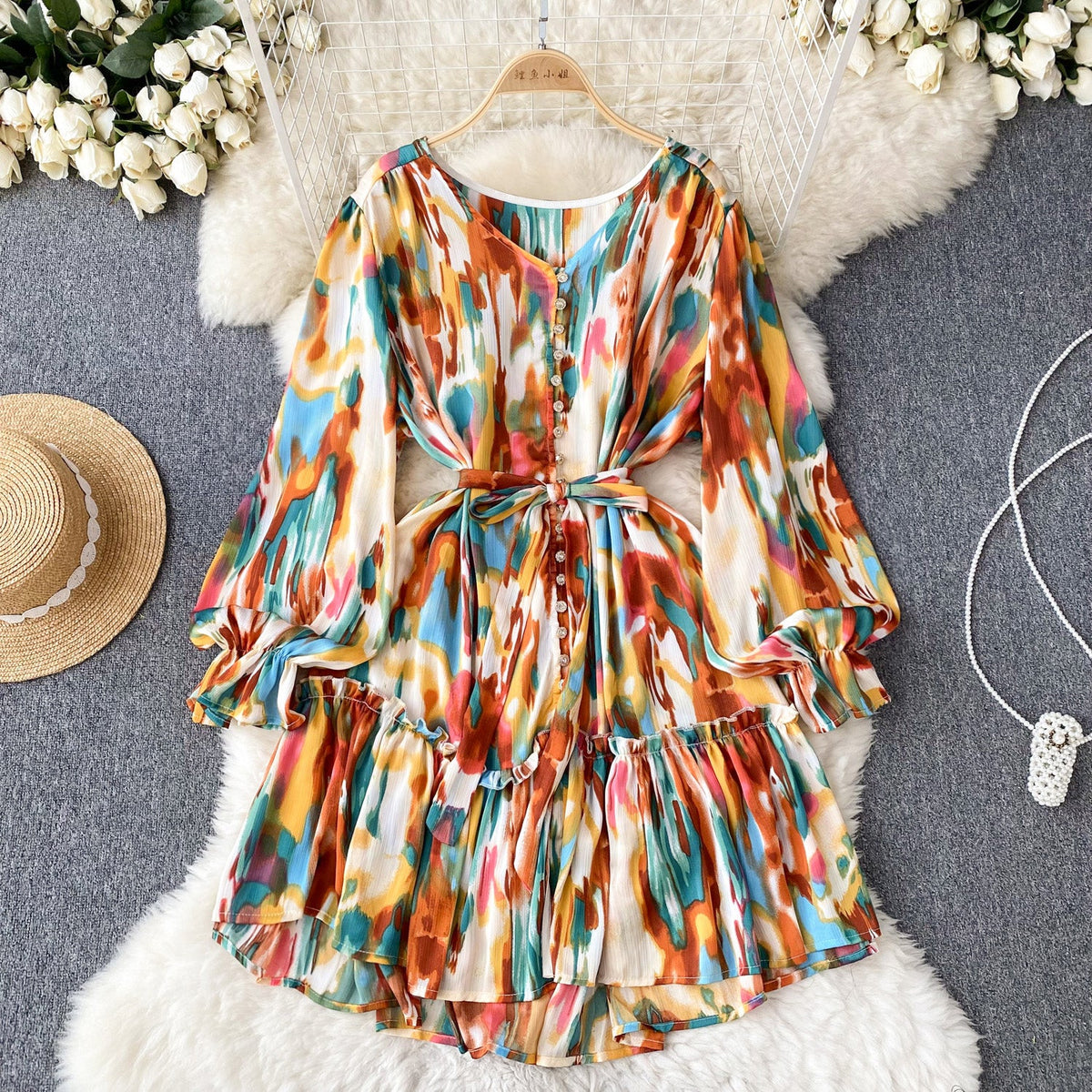 Elegant Lace-up Draped Printed Dress