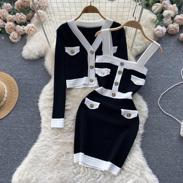 Knitted Cardigan&Slip Dress 2Pcs