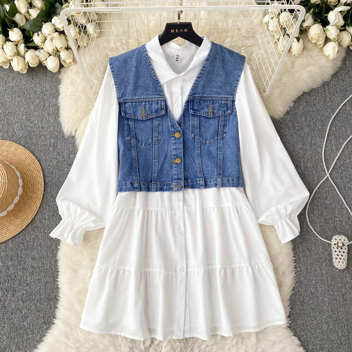 Denim Vest&White Shirt Dress 2Pcs