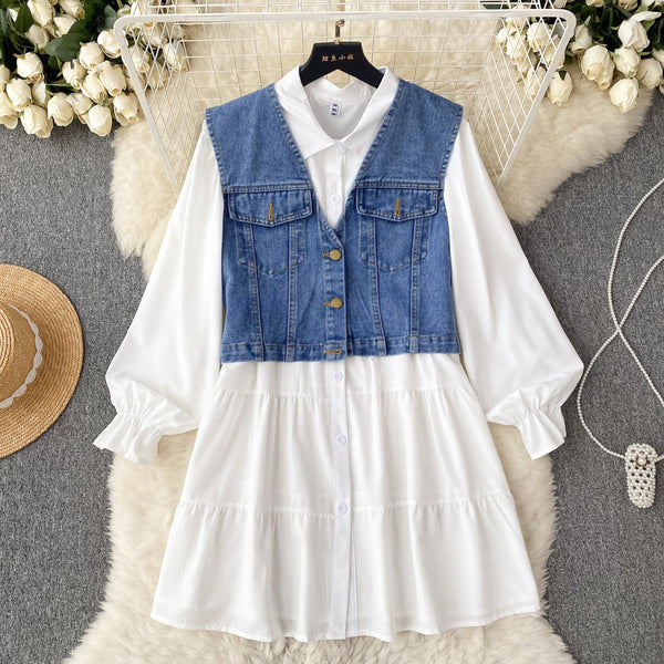 Denim Vest&White Shirt Dress 2Pcs