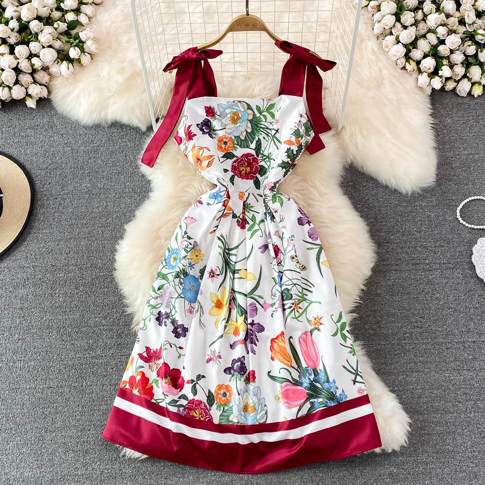 Bow-tie Lace-up Printed Floral Dress
