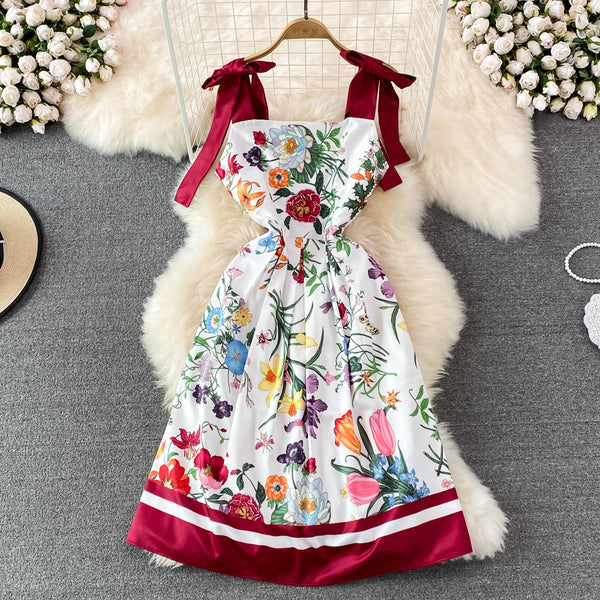 Bow-tie Lace-up Printed Floral Dress