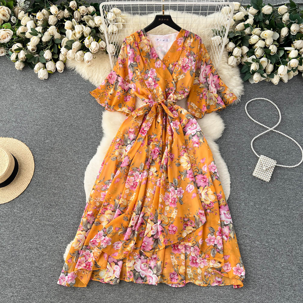Flared Sleeve V-neck Floral Dress
