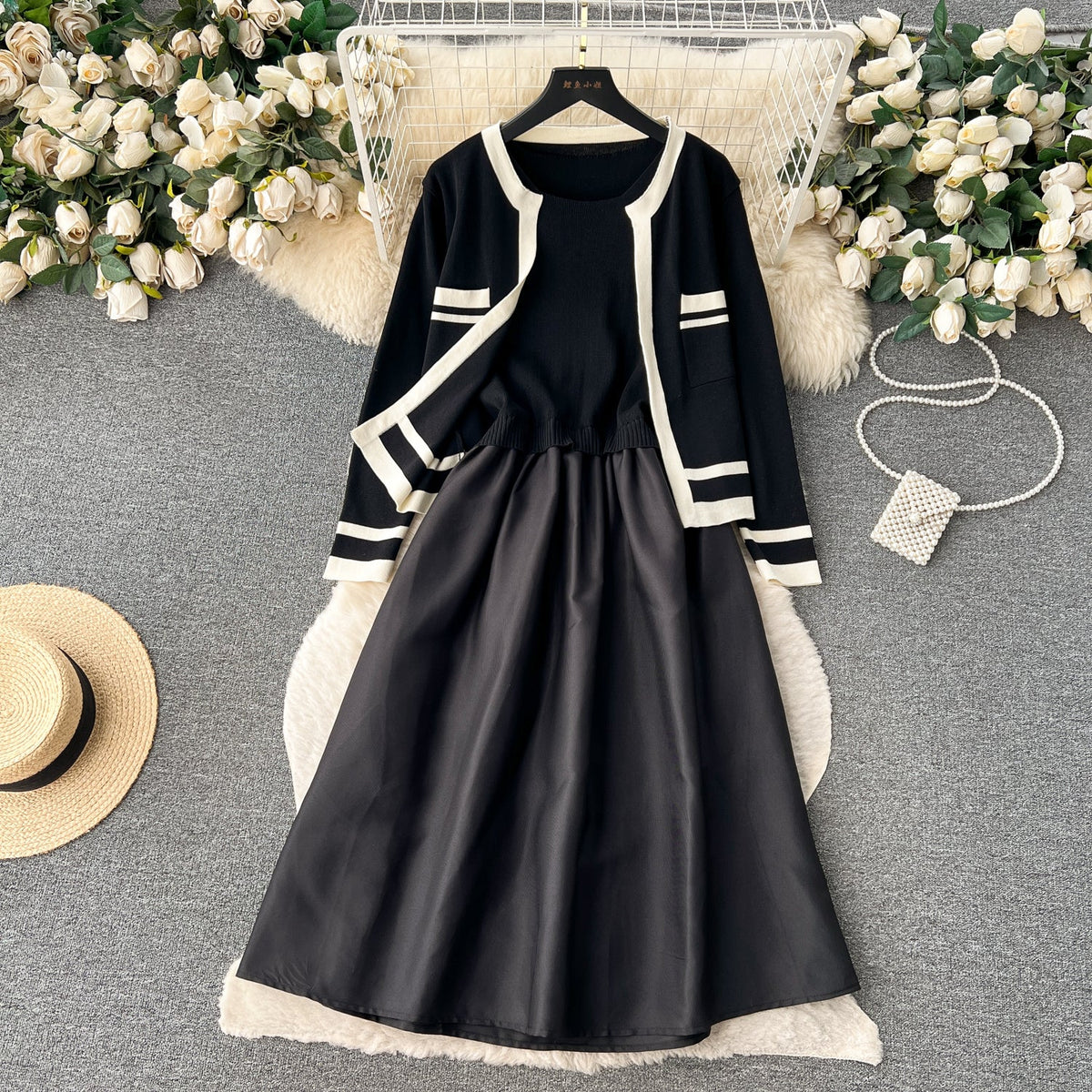 Cardigan&Slip Dress Color Blocking 2Pcs