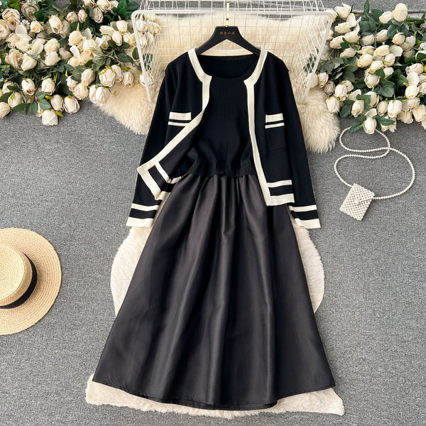 Cardigan&Slip Dress Color Blocking 2Pcs
