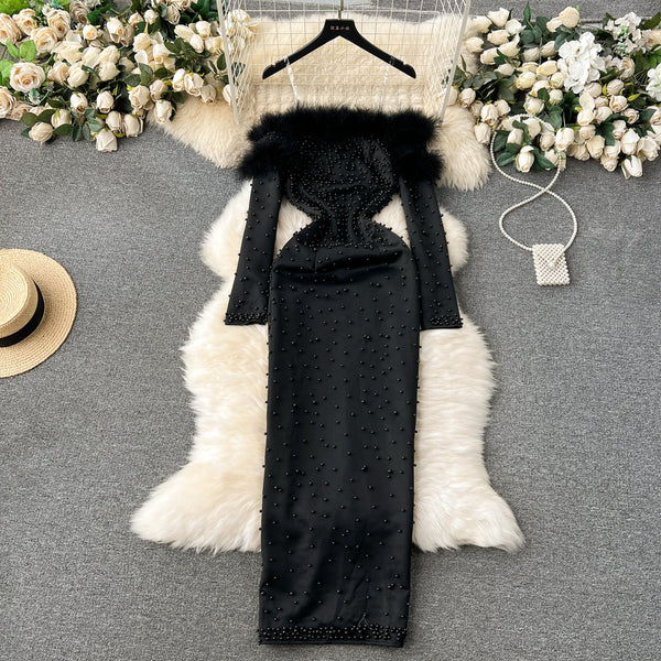 Furry Off-shoulder Beaded Party Dress