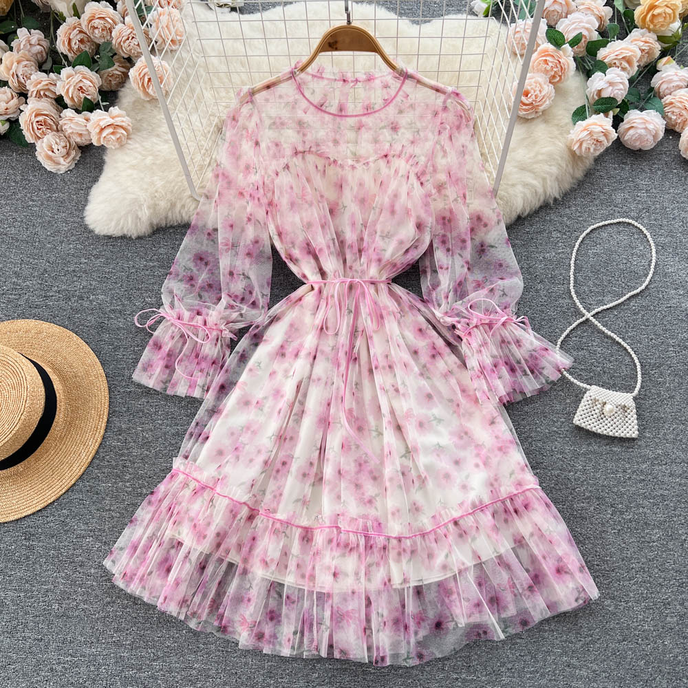 Niche See-through Mesh Floral Dress