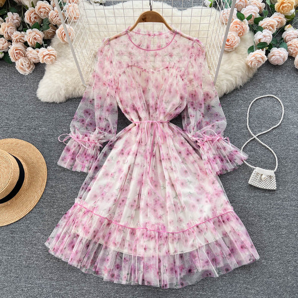 Niche See-through Mesh Floral Dress