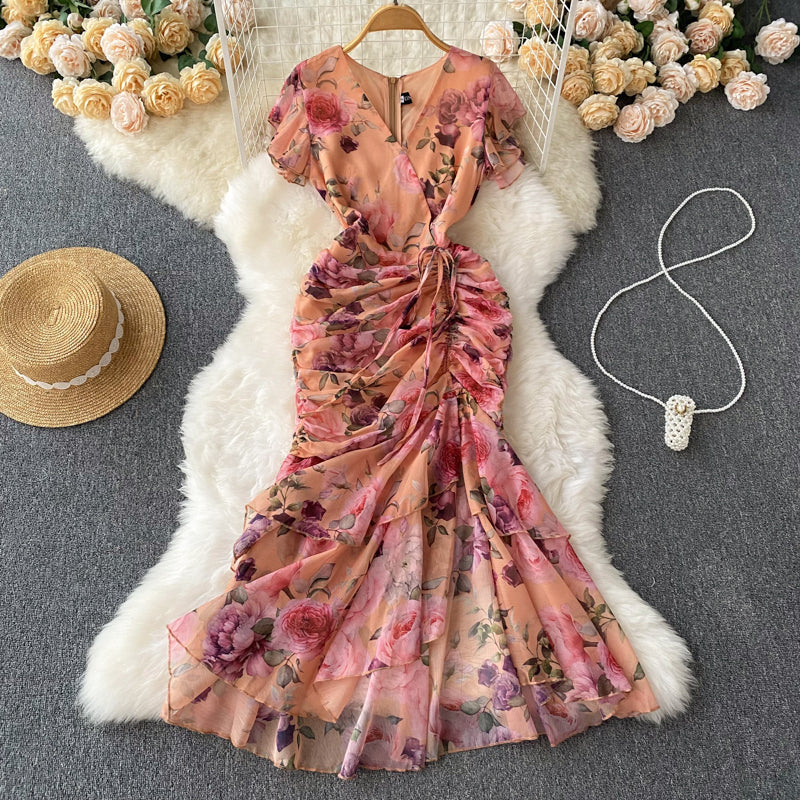 French Style Drawstring Floral V-neck Dress