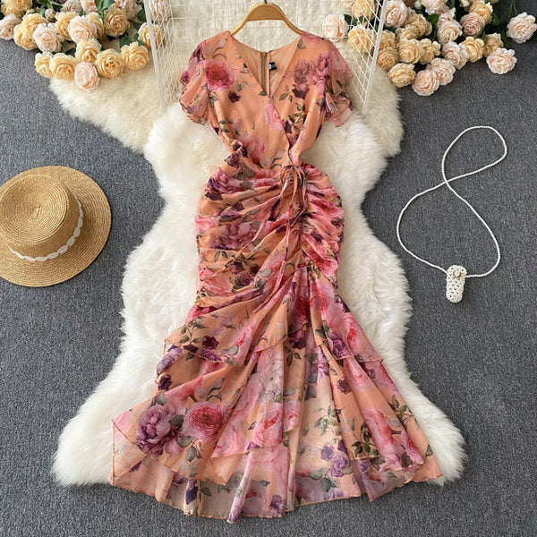 French Style Drawstring Floral V-neck Dress