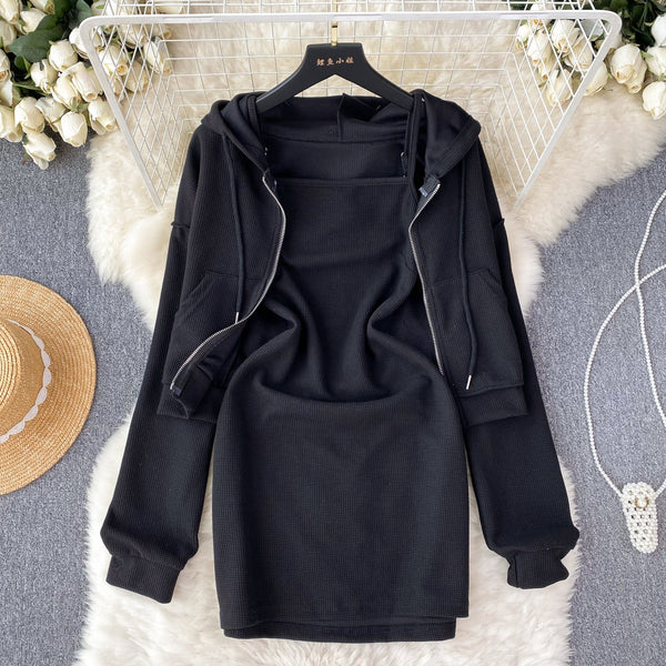 Slip Dress&Lace-up Hoodie 2Pcs