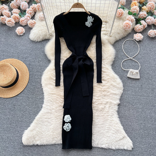 3d Floral Pit-stripe Stretchy Knitted Dress