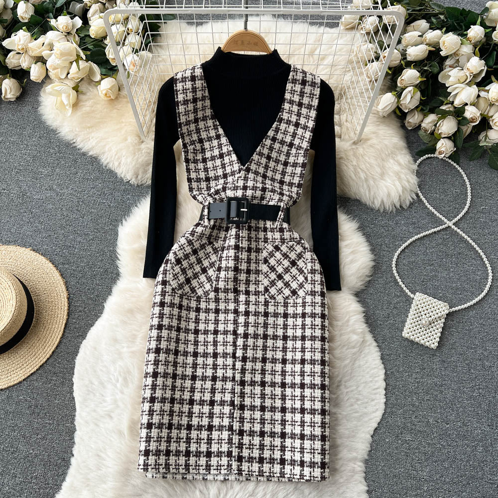 Bottom Sweater&Houndstooth Strappy Dress 2Pcs