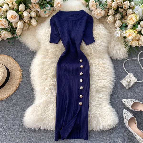 Simple Design Single-breasted Knit Dress