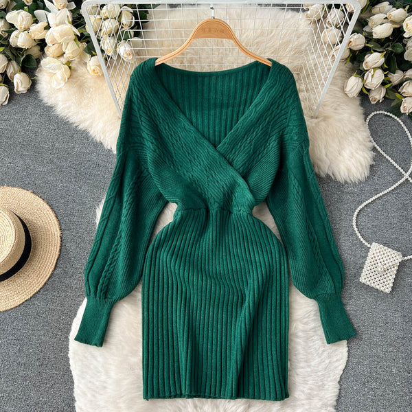 Vintage V-neck Waist-slimming Knitted Dress