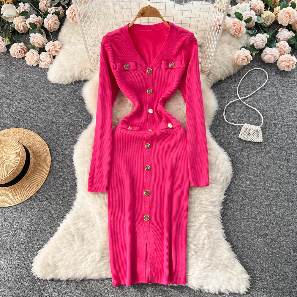Single Breasted V-neck Knitted Dress