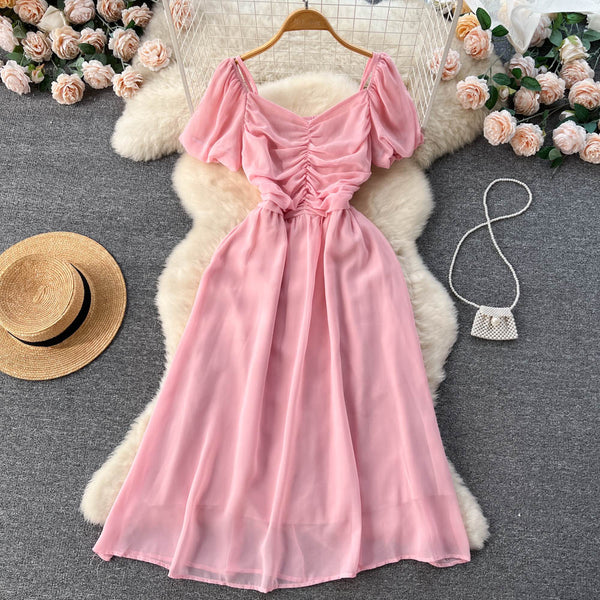 Bubble Sleeve Square Collar Chiffon Dress