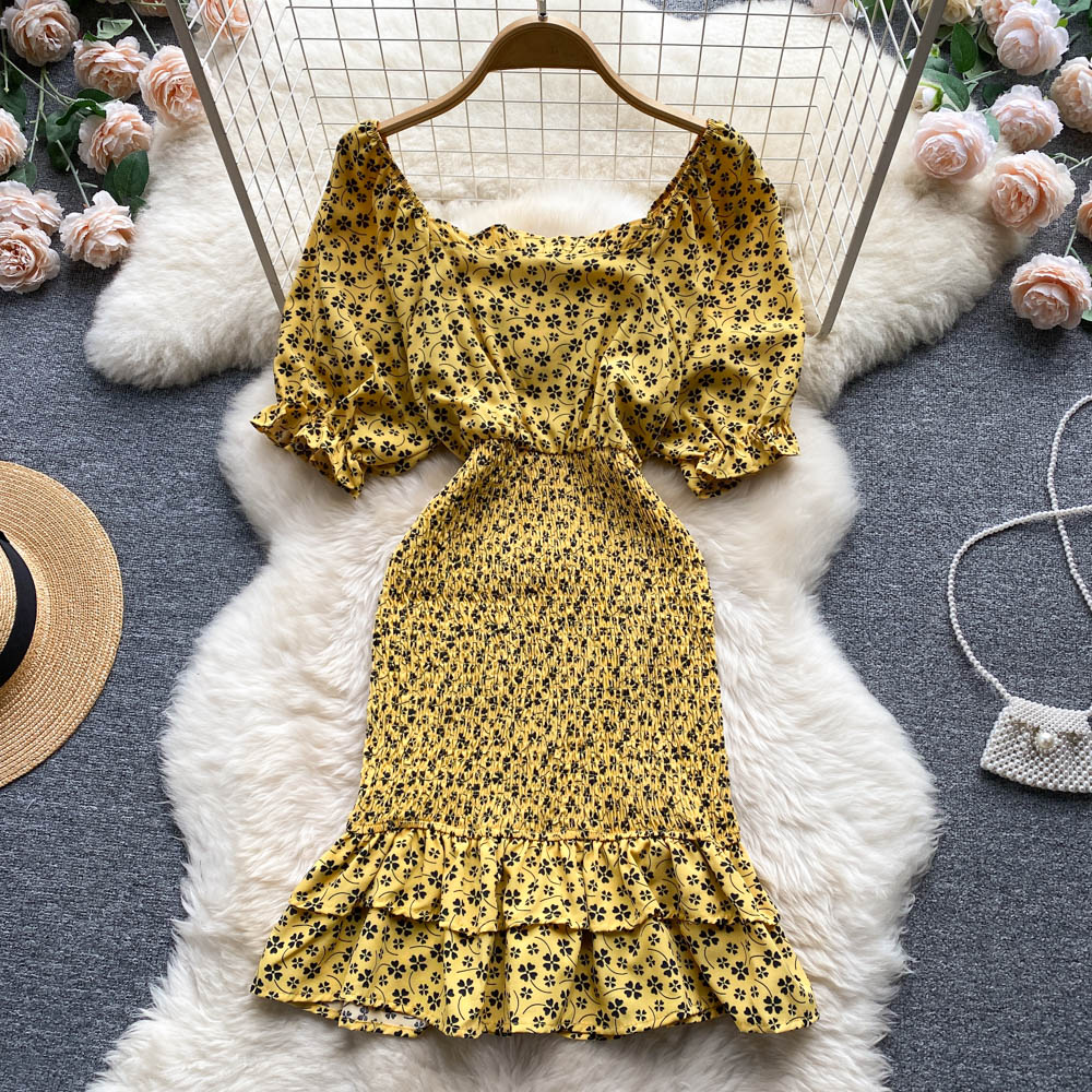 Niche Square Neck Hip-wrapping Fishtail Dress