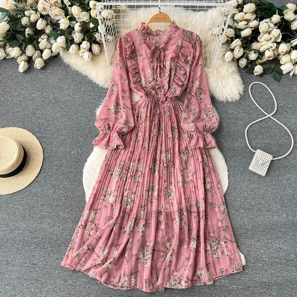 French Style Floral Pleated Dress