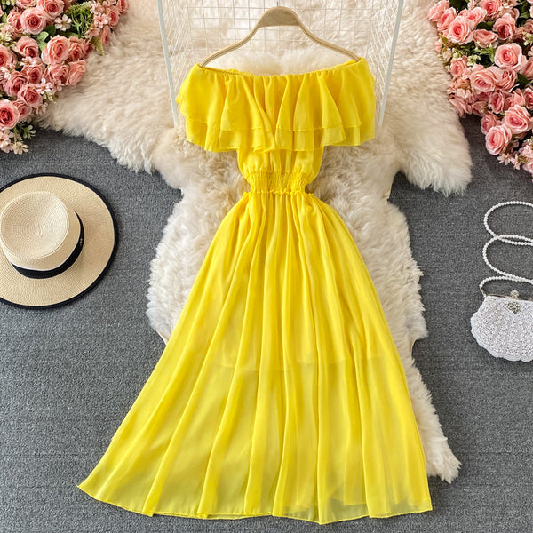 Off-shoulder Ruffle Mesh Chiffon Dress