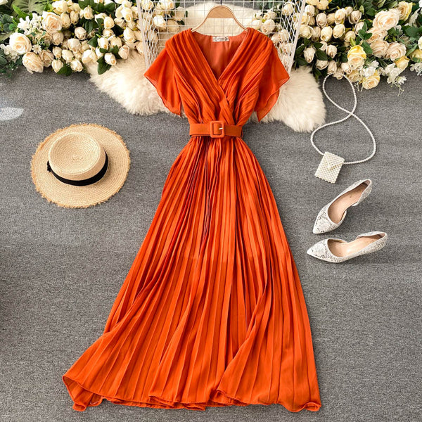 Solid Color Pleated Chiffon Dress
