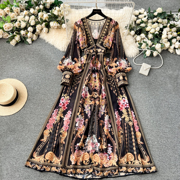 Deep V-neck Puffy Sleeve Floral Dress
