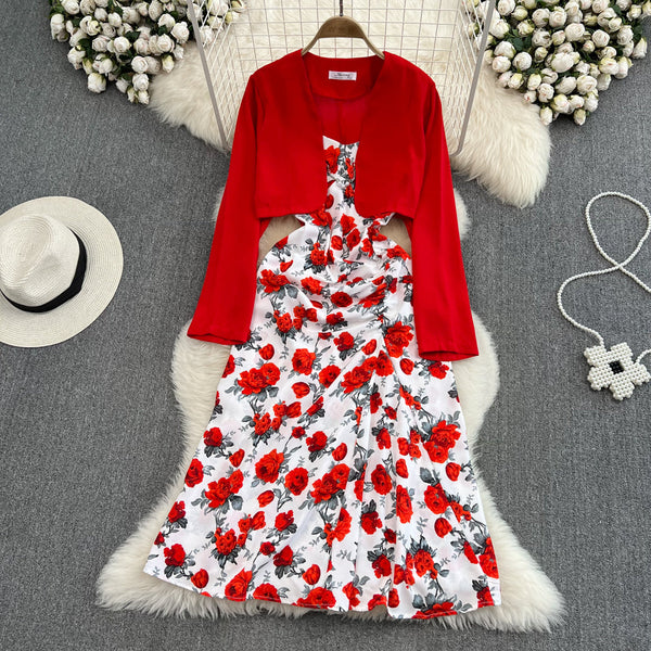 Vintage Sleeveless Dress&Cape Jacket 2Pcs